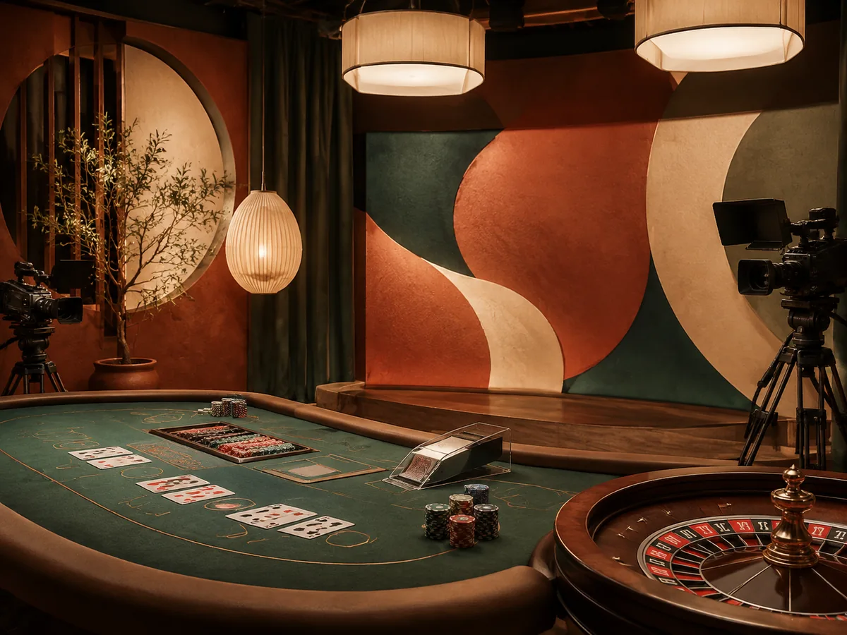 Studio live casino generik dengan meja, kamera, kartu, dan pencahayaan produksi